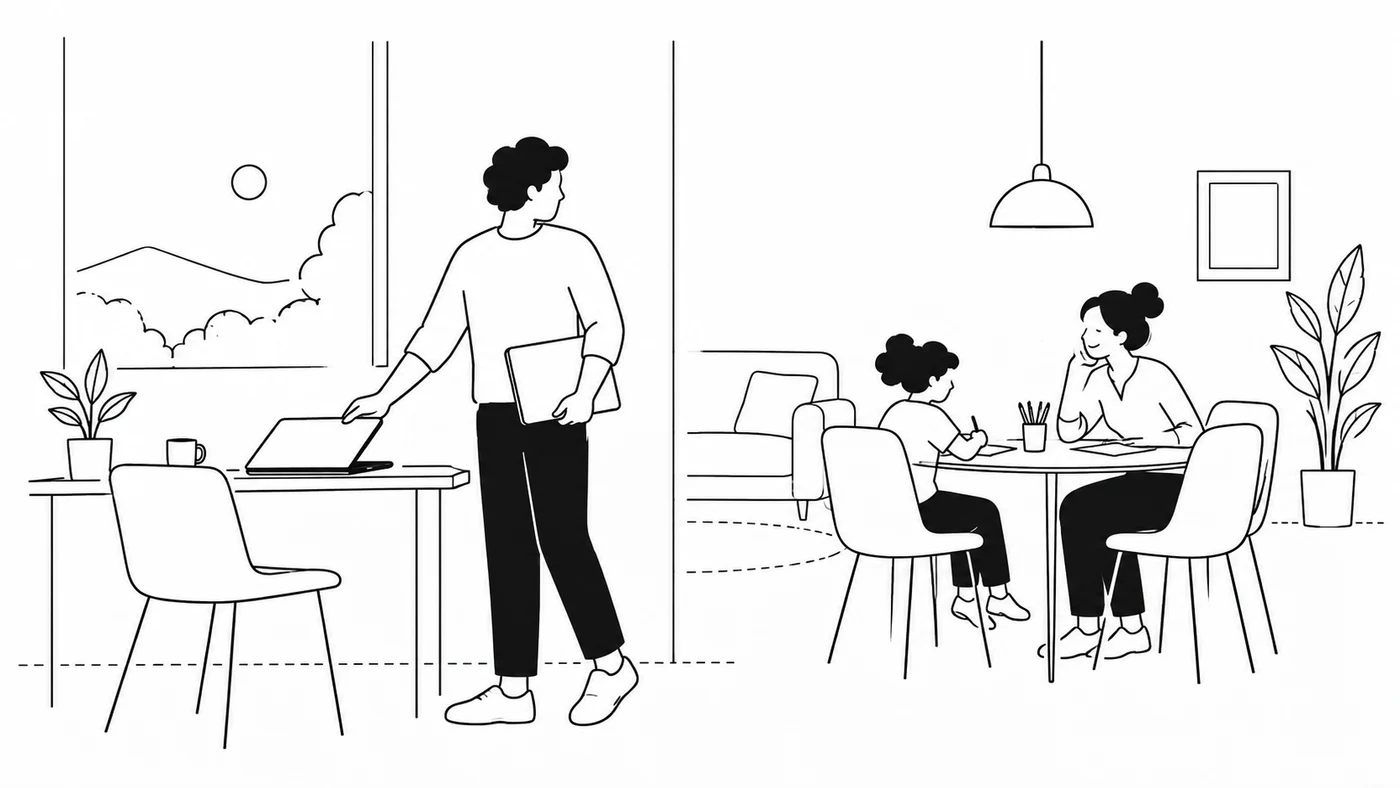 Un père quitte son bureau à la maison, ordinateur sous le bras, pour rejoindre sa famille à table dans la pièce d'à côté