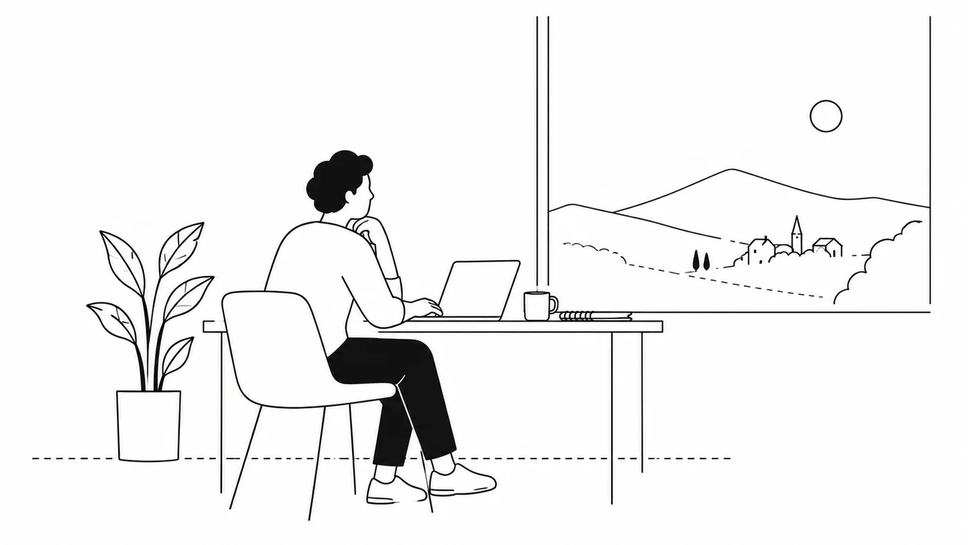 Une personne travaille sur son ordinateur portable à un bureau, face à une fenêtre donnant sur un village, une tasse et un carnet posés à côté