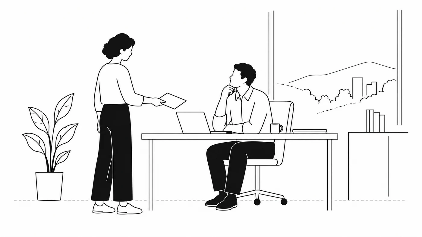 Une salariée tend un document à son manager, qui regarde par la fenêtre sans vraiment l'écouter